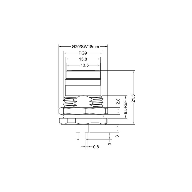 Push-pull m12 3pins A code female straight front panel mount connector PG9 thread,unshielded,insert,brass with nickel plated shell